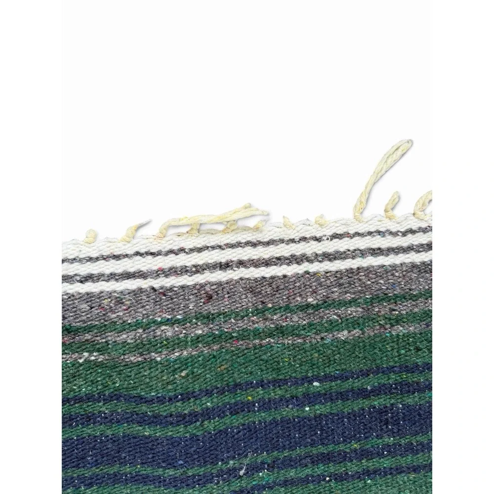 Vintage Woven Mexico Blanket Serape Yoga Falsa Navy Gray Green Throw 52